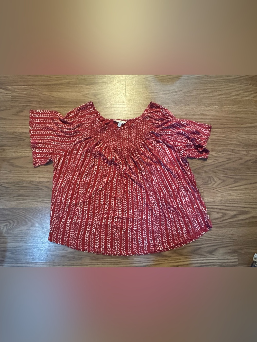 Lucky Brand Red Patterned Smocked Short-Sleeve Blouse